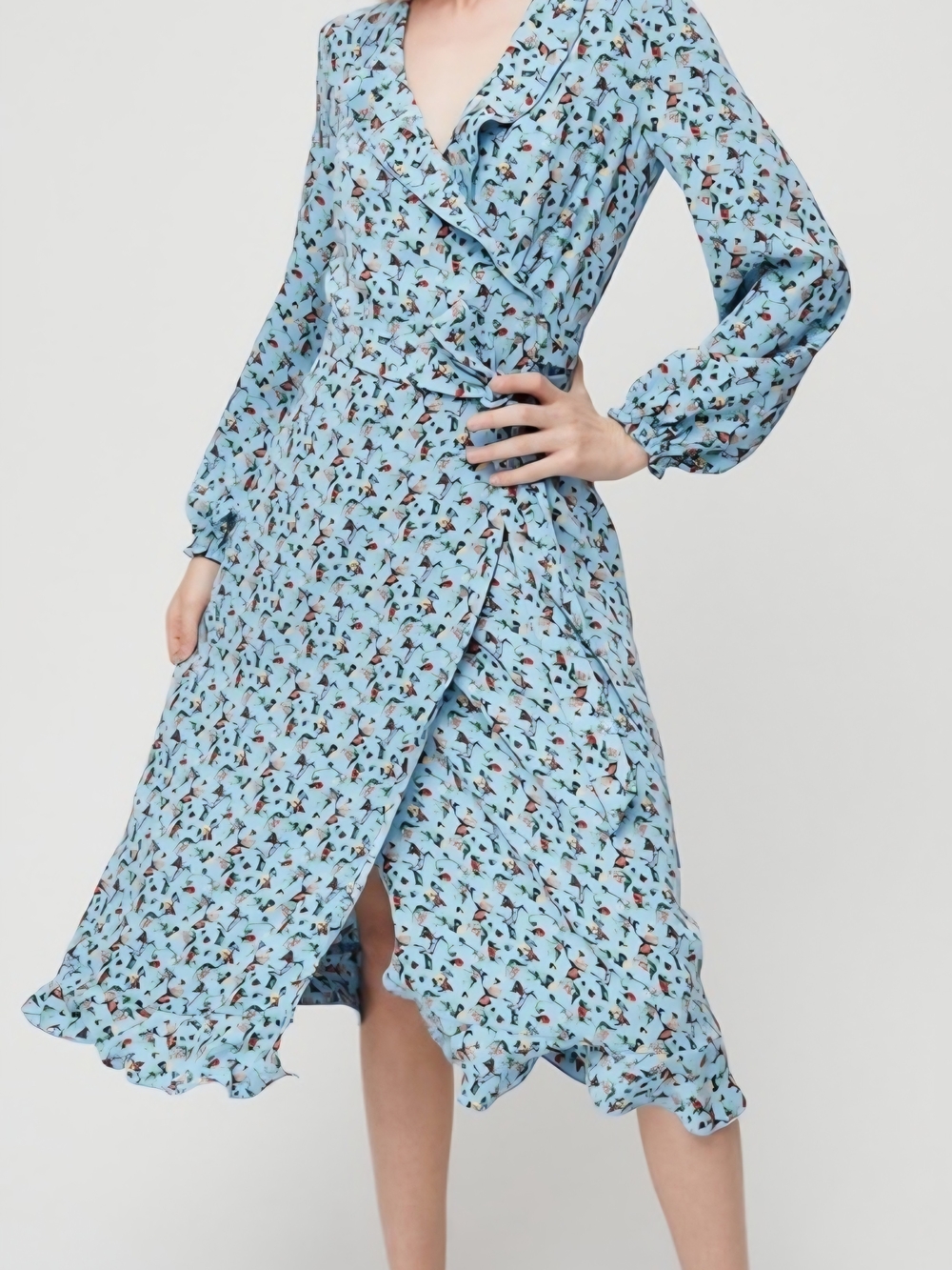 Little Moon Light Blue Floral Wrap Midi Dress with Ruffle Trim